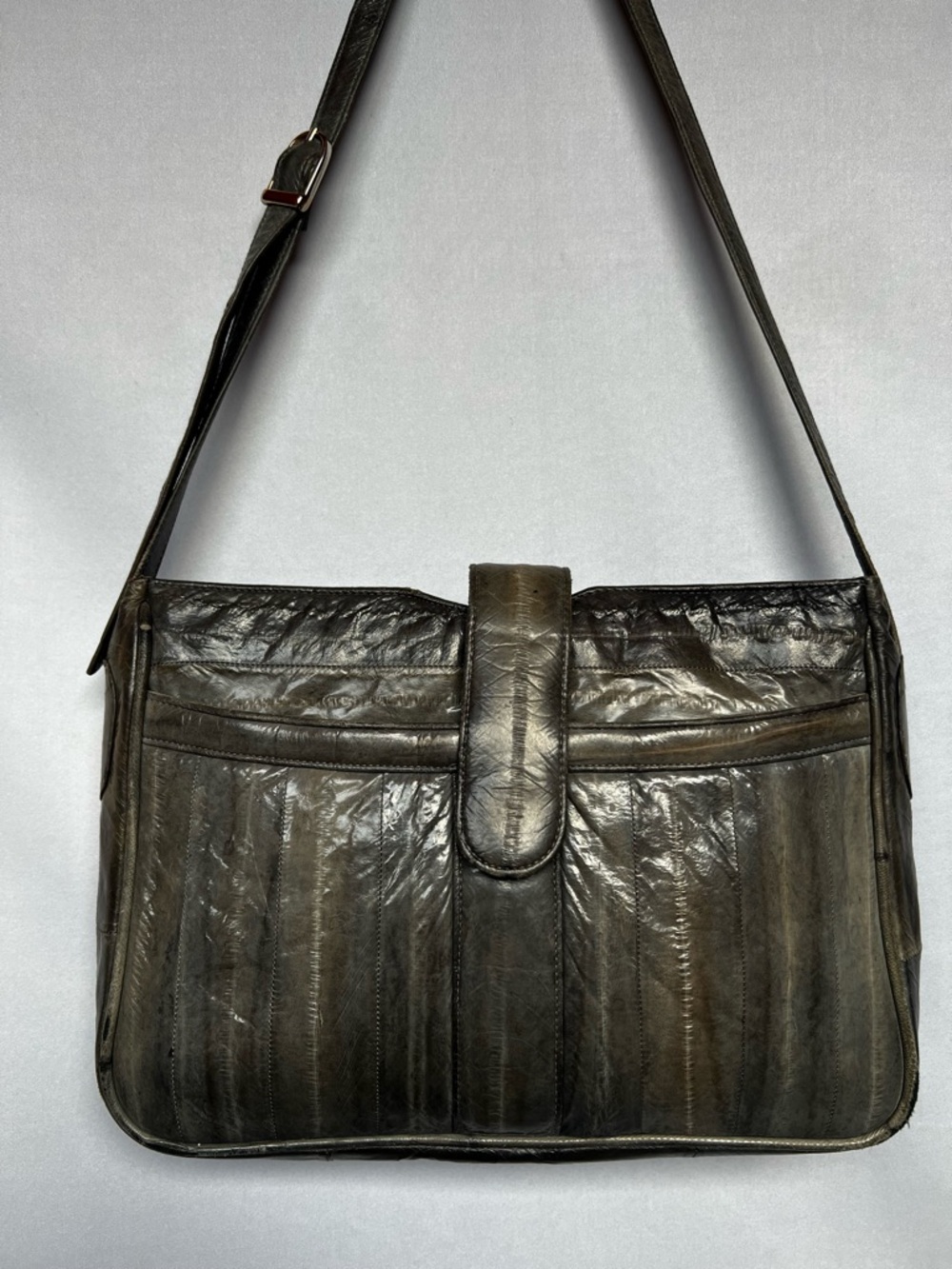 Vintage Eel Skin Leather Shoulder Bag Gray Green Blue Exotic Leather Purse Korea